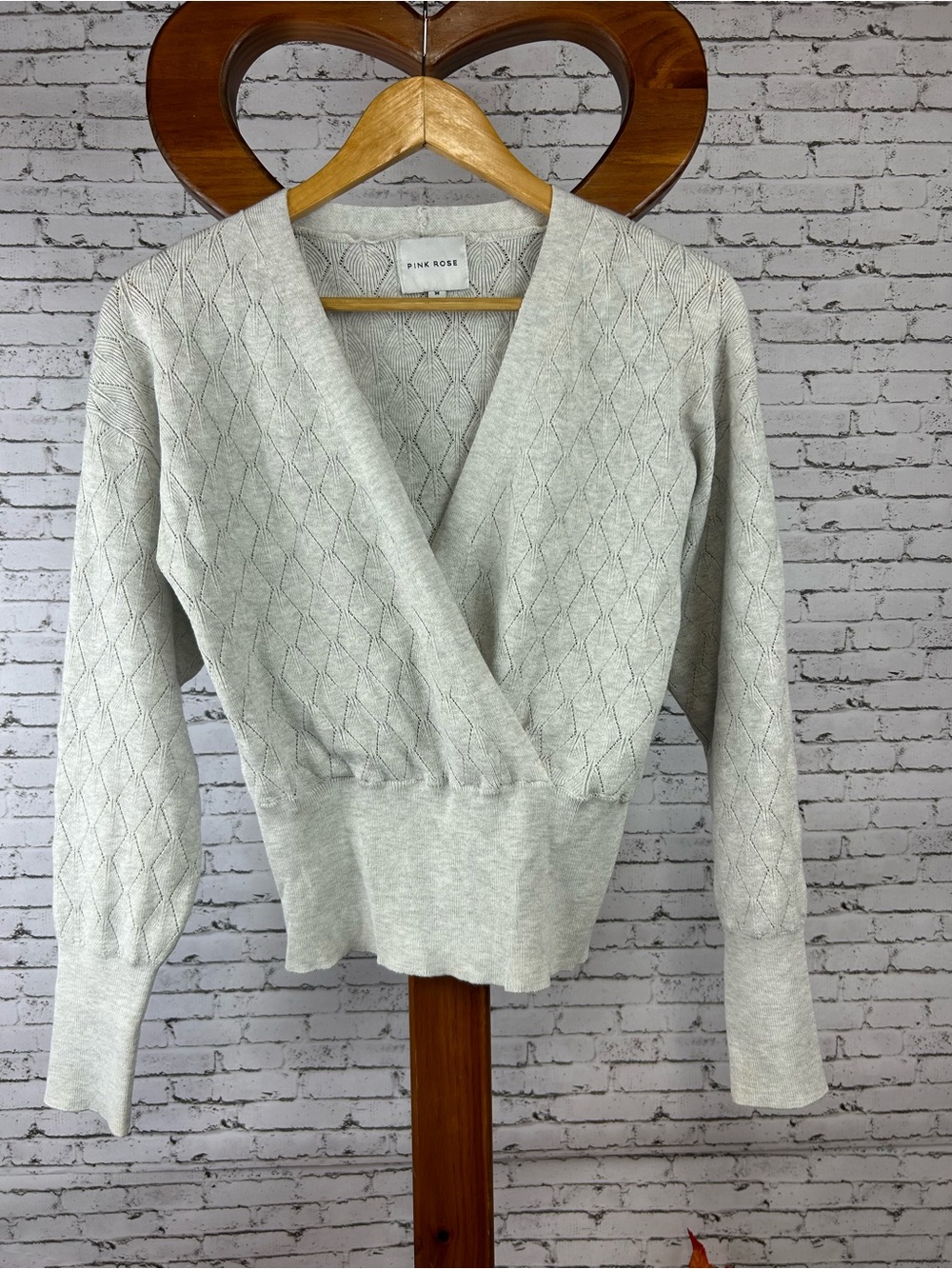 Pink Rose | Women's Light Gray Wrap Sweater Size M
